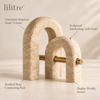 lilitre™ Sculptural Travertine Double Arch Sculpture with Brushed Brass Accent - Features image