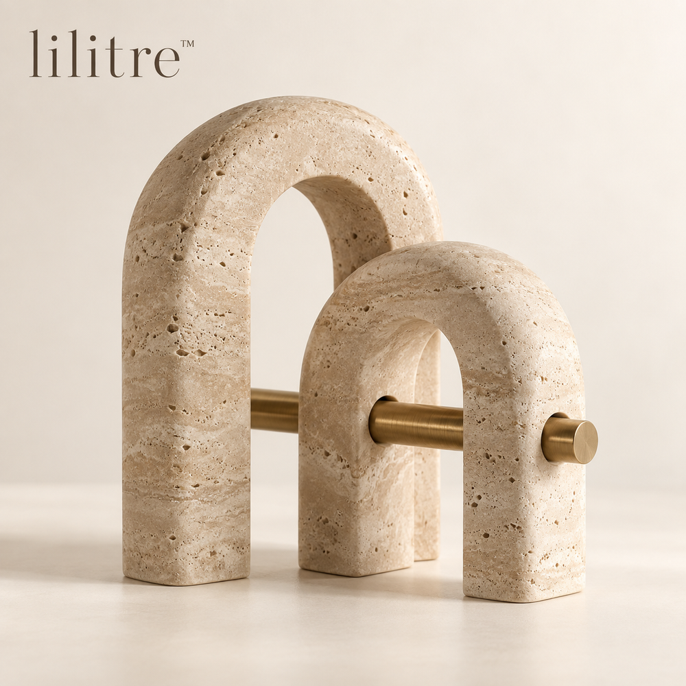 lilitre™ Sculptural Travertine Double Arch Sculpture with Brushed Brass Accent - Main product image