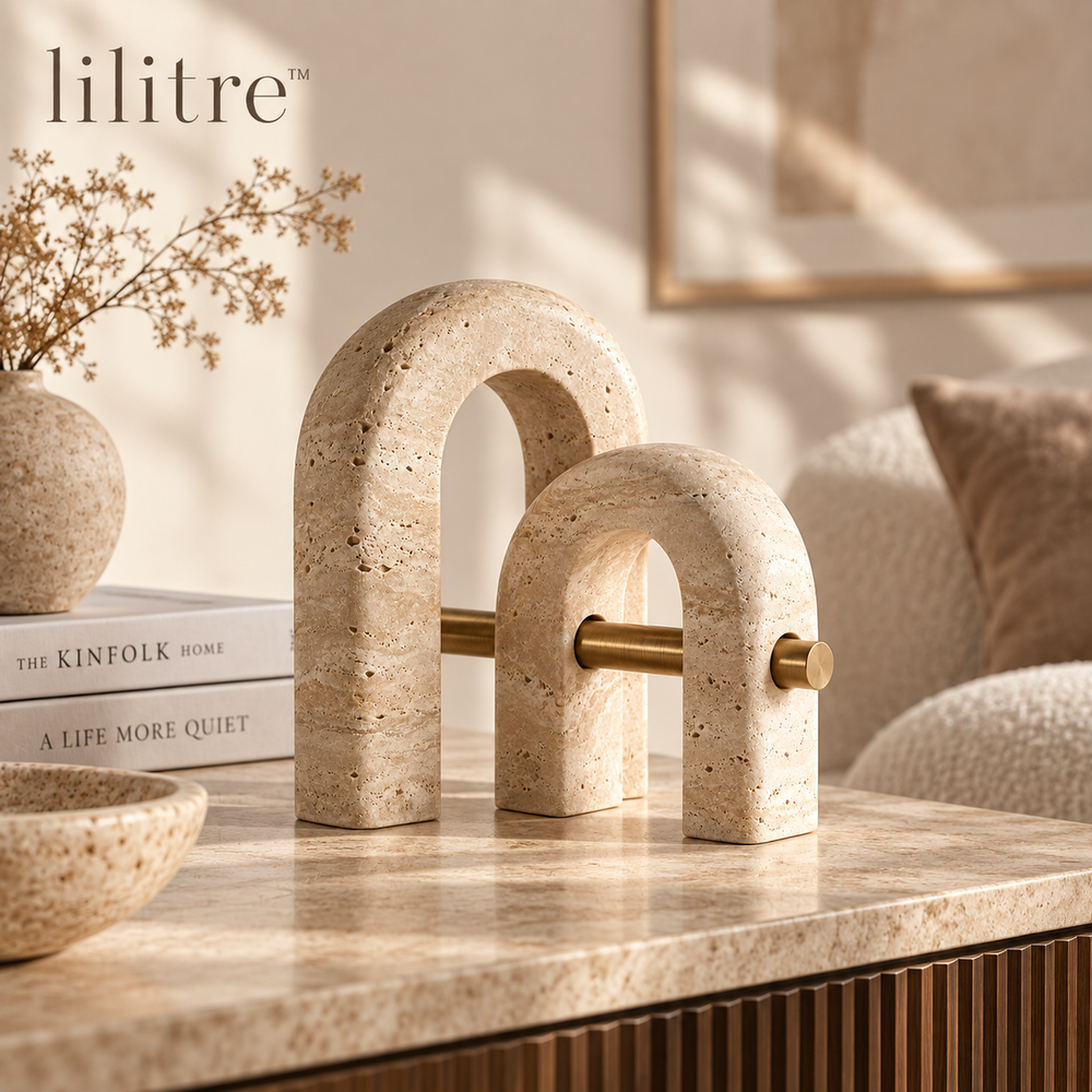 lilitre™ Sculptural Travertine Double Arch Sculpture with Brushed Brass Accent - Lifestyle scene
