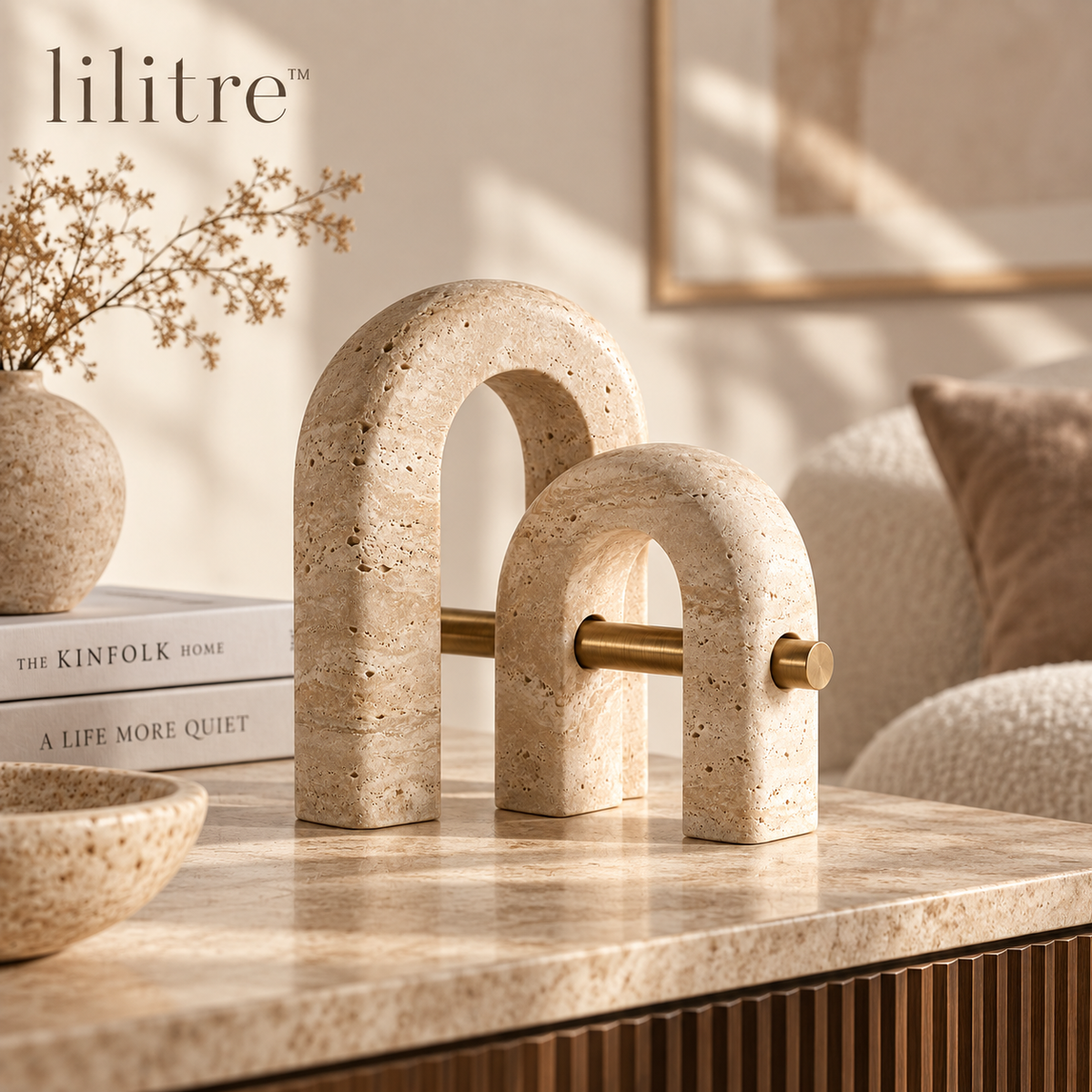 lilitre™ Sculptural Travertine Double Arch Sculpture with Brushed Brass Accent - Lifestyle scene