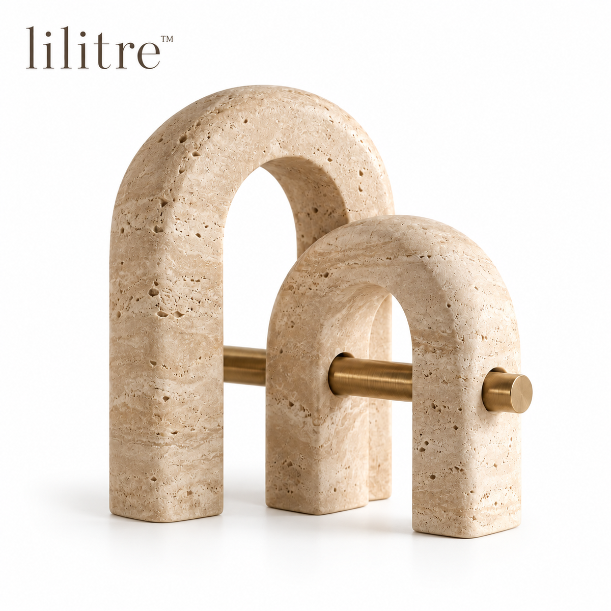 lilitre™ Sculptural Travertine Double Arch Sculpture with Brushed Brass Accent - White background image