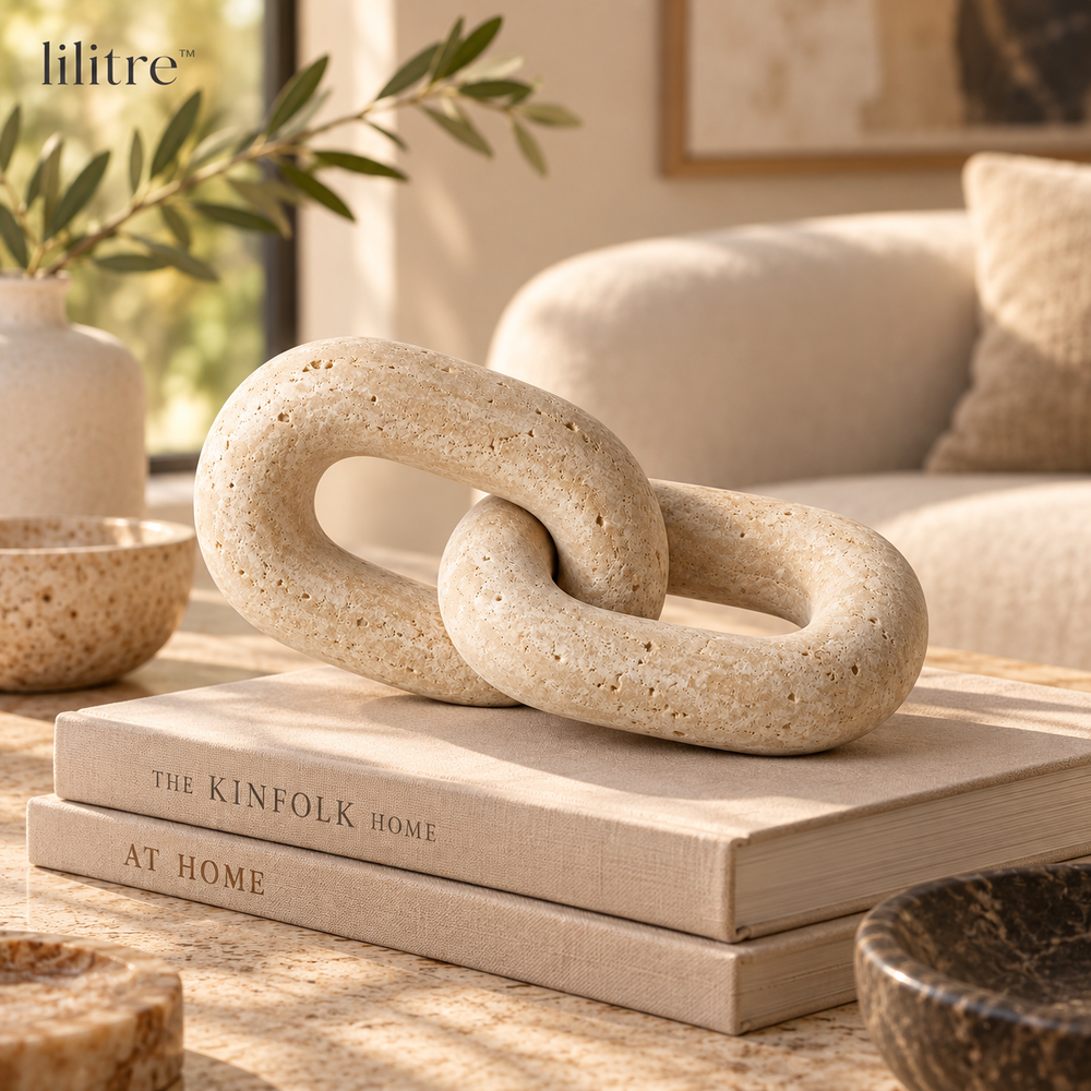 lilitre™ Sculptural Travertine Interlocking Chain Sculpture - Lifestyle scene