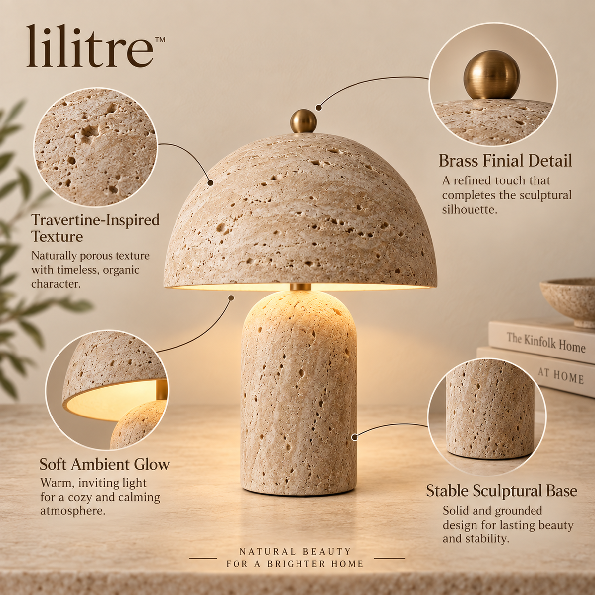 lilitre™ Travertine Mushroom Table Lamp with Warm Ambient Glow - Dimensions image