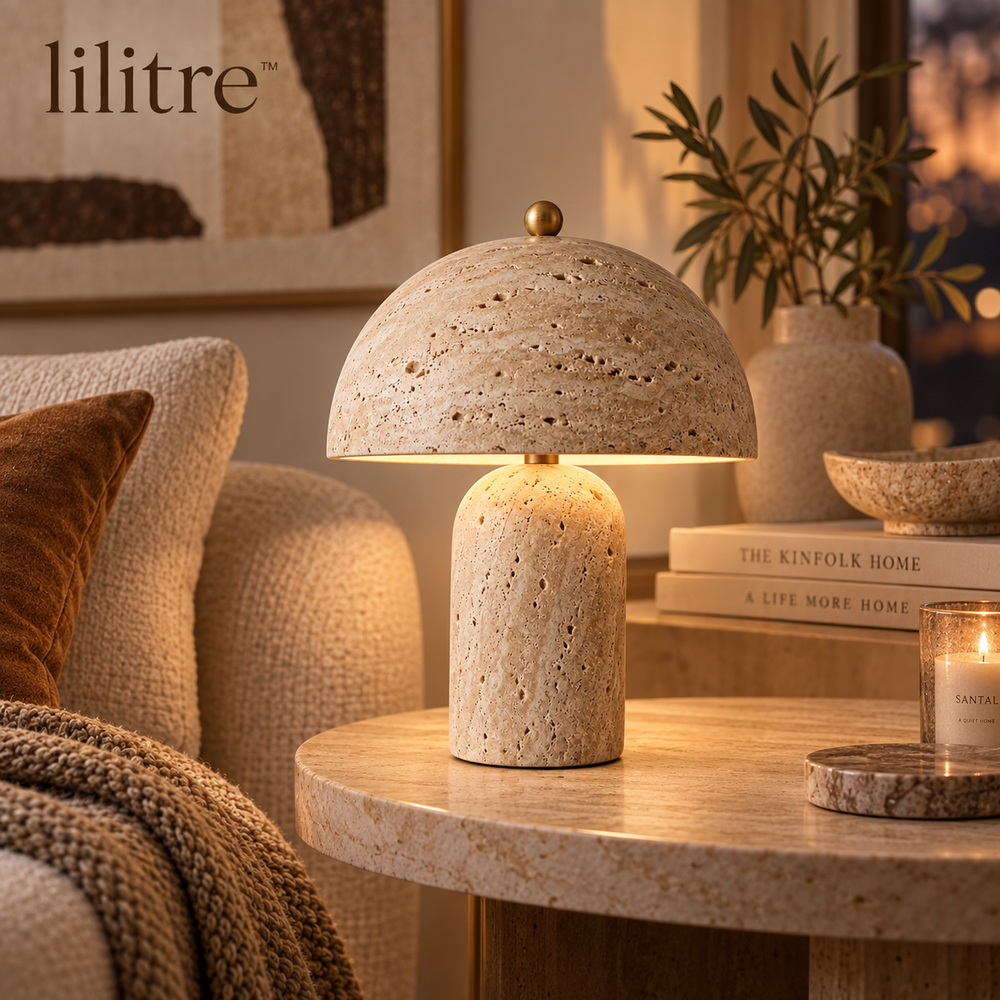 lilitre™ Travertine Mushroom Table Lamp with Warm Ambient Glow - Lifestyle scene