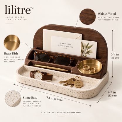 lilitre™ Walnut Desktop Catchall Organizer with Stone Tray & Brass Dish - Dimensions image