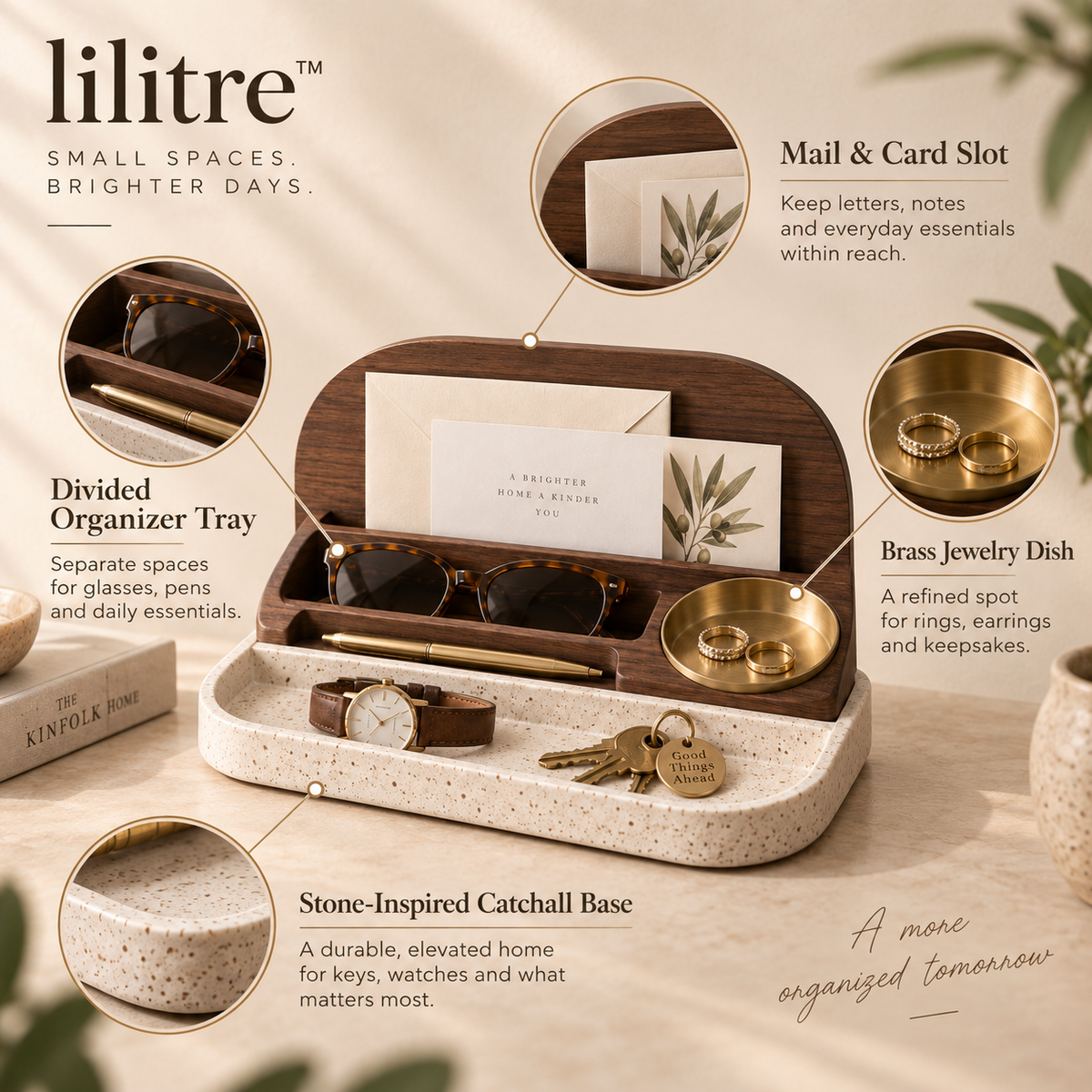 lilitre™ Walnut Desktop Catchall Organizer with Stone Tray & Brass Dish - Features image