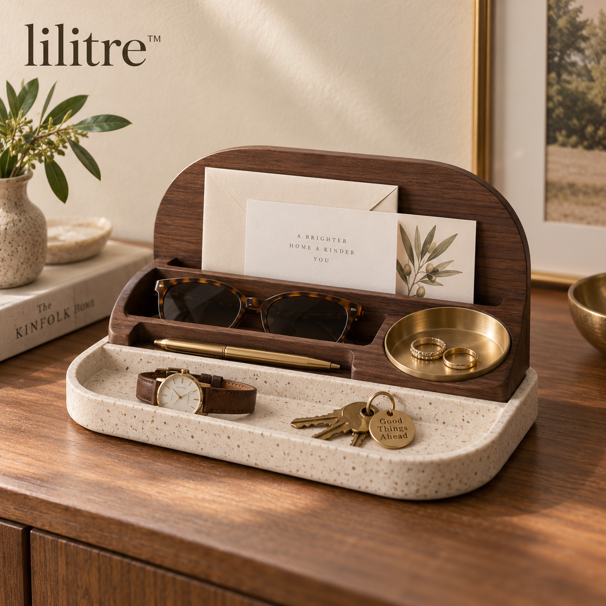 lilitre™ Walnut Desktop Catchall Organizer with Stone Tray & Brass Dish - Main product image
