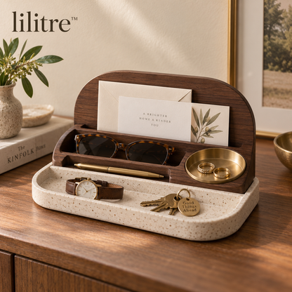 lilitre™ Walnut Desktop Catchall Organizer with Stone Tray & Brass Dish - Main product image