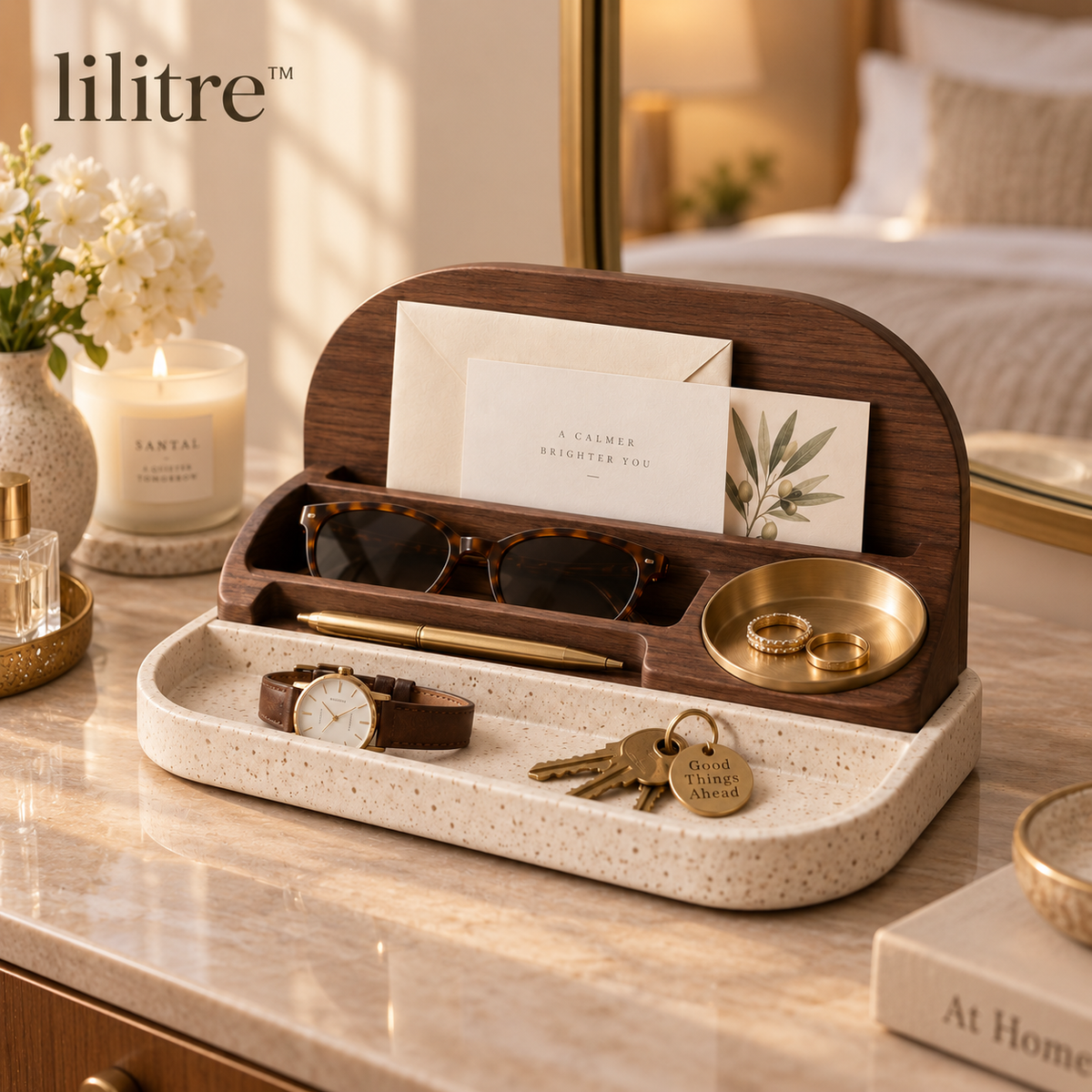 lilitre™ Walnut Desktop Catchall Organizer with Stone Tray & Brass Dish - Lifestyle scene