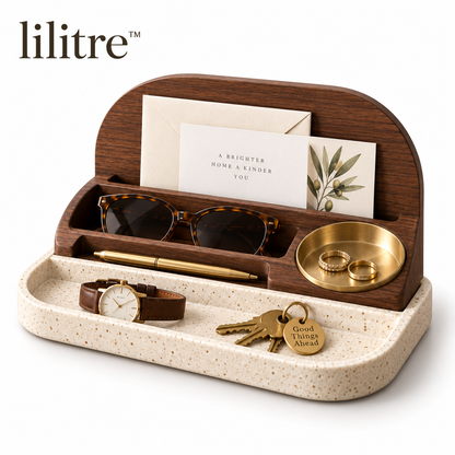 lilitre™ Walnut Desktop Catchall Organizer with Stone Tray & Brass Dish - White background image