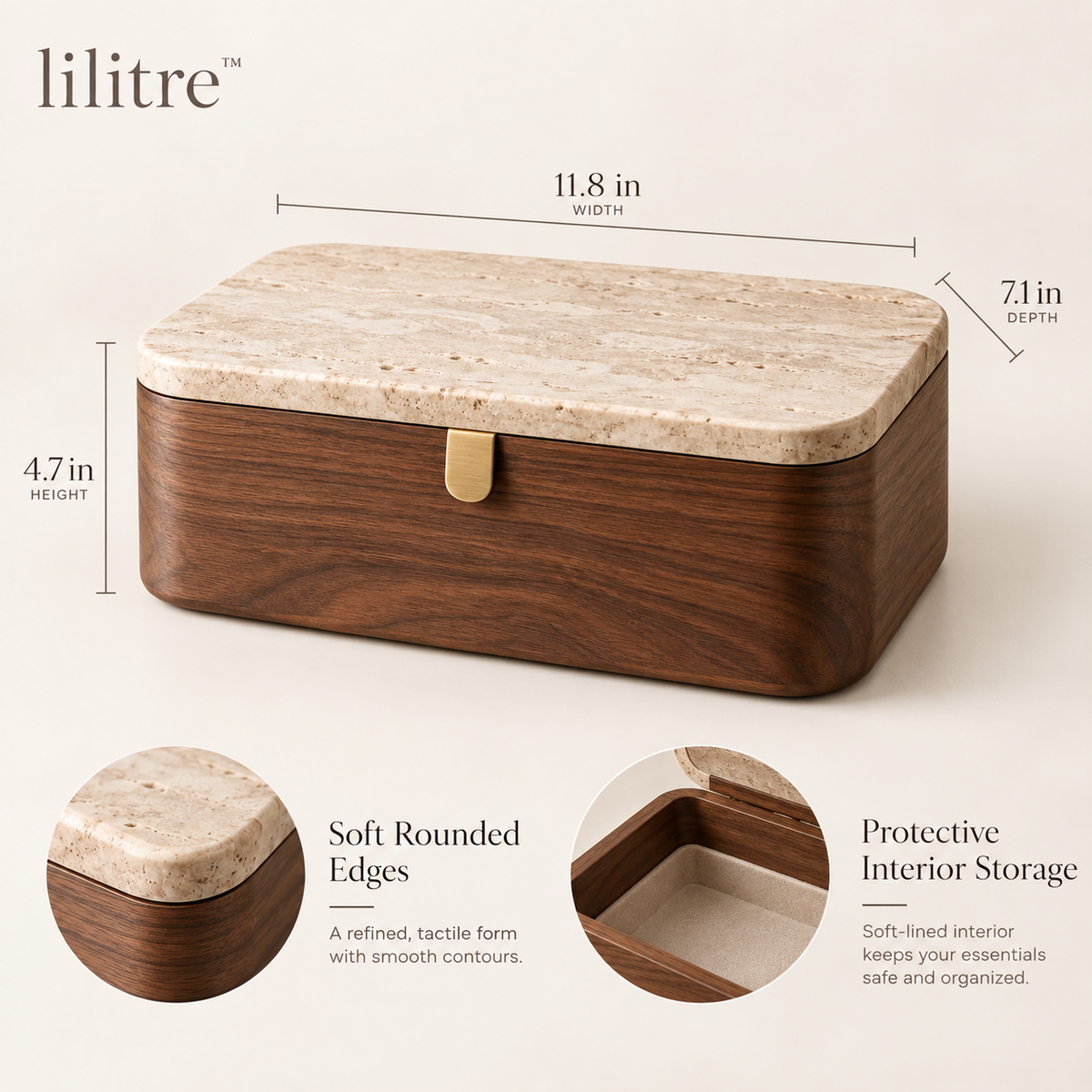 lilitre™ Sculptural Walnut Storage Box with Travertine Lid & Brass Pull - Dimensions image