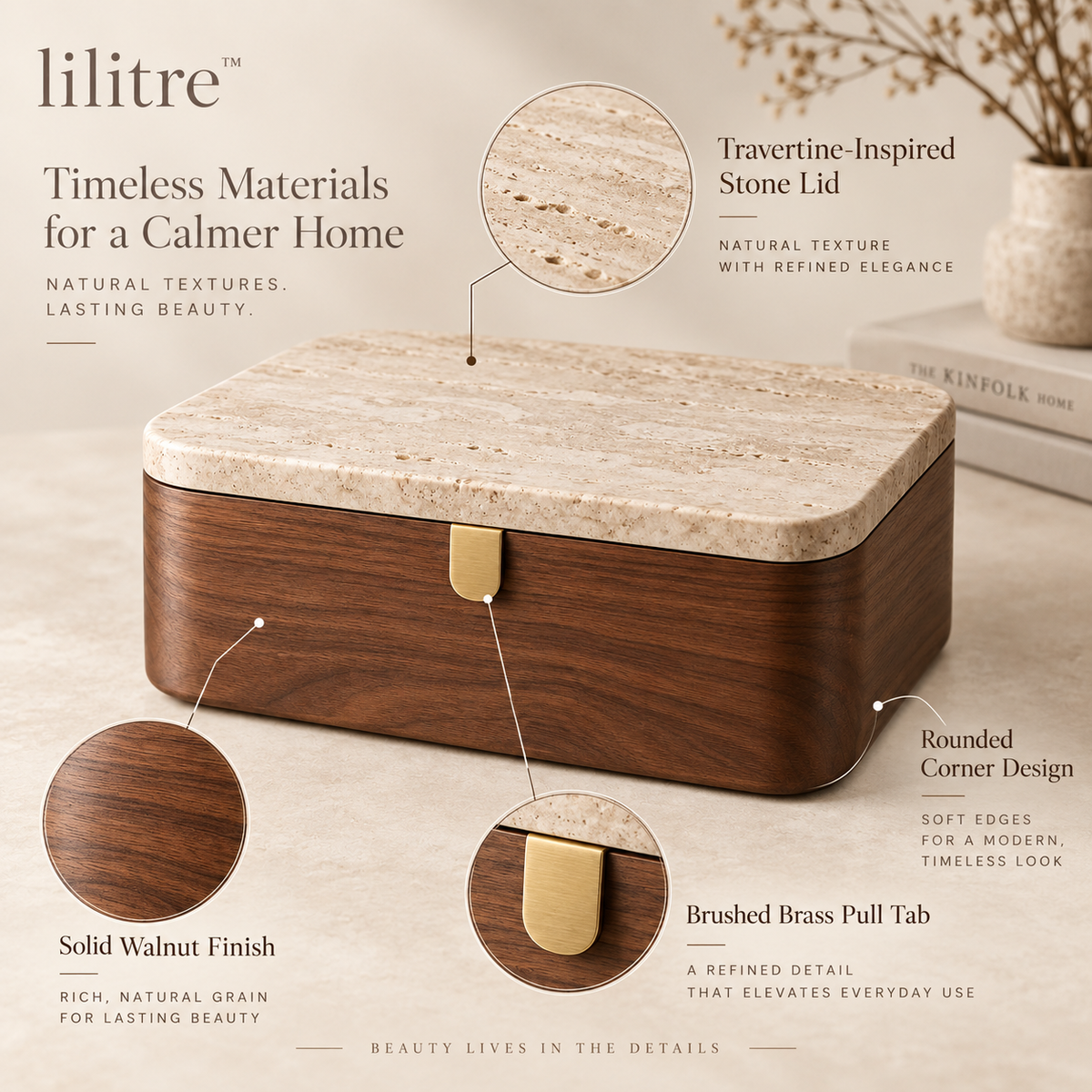 lilitre™ Sculptural Walnut Storage Box with Travertine Lid & Brass Pull - Features image