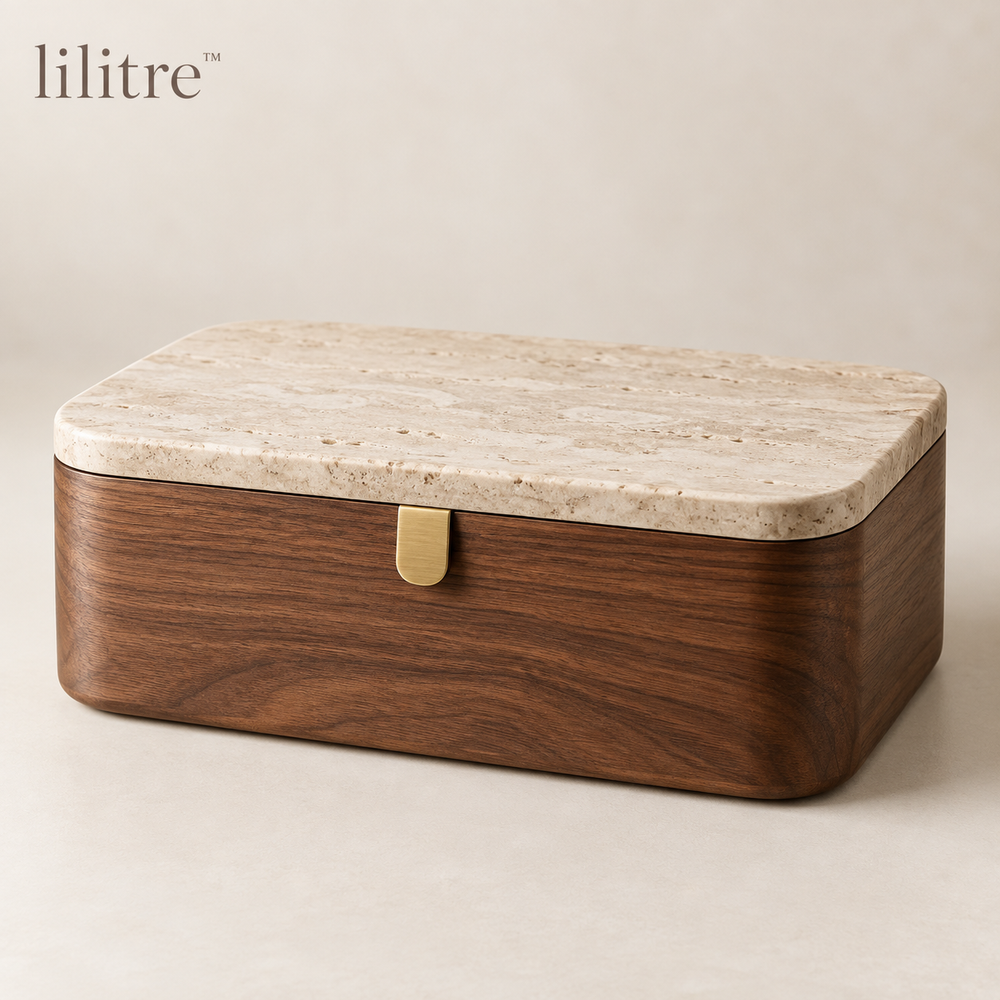 lilitre™ Sculptural Walnut Storage Box with Travertine Lid & Brass Pull - Main product image