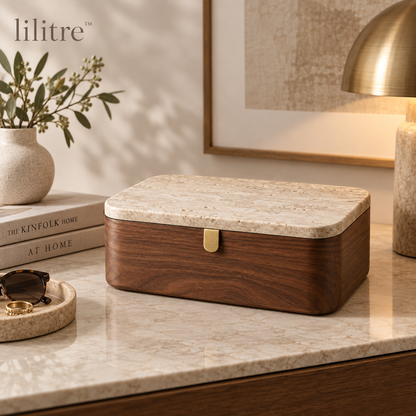 lilitre™ Sculptural Walnut Storage Box with Travertine Lid & Brass Pull - Lifestyle scene