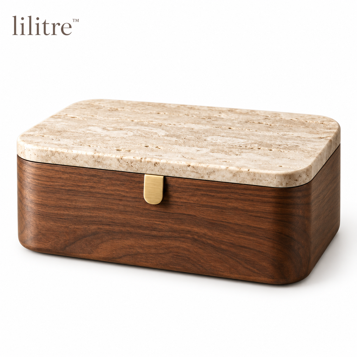 lilitre™ Sculptural Walnut Storage Box with Travertine Lid & Brass Pull - White background image
